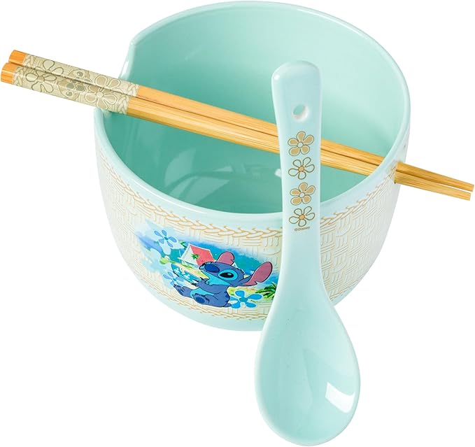 Silver Buffalo Disney Lilo and Stitch Tropical Ceramic Ramen Bowl with Chopsticks and Spoon, 20 Ounces