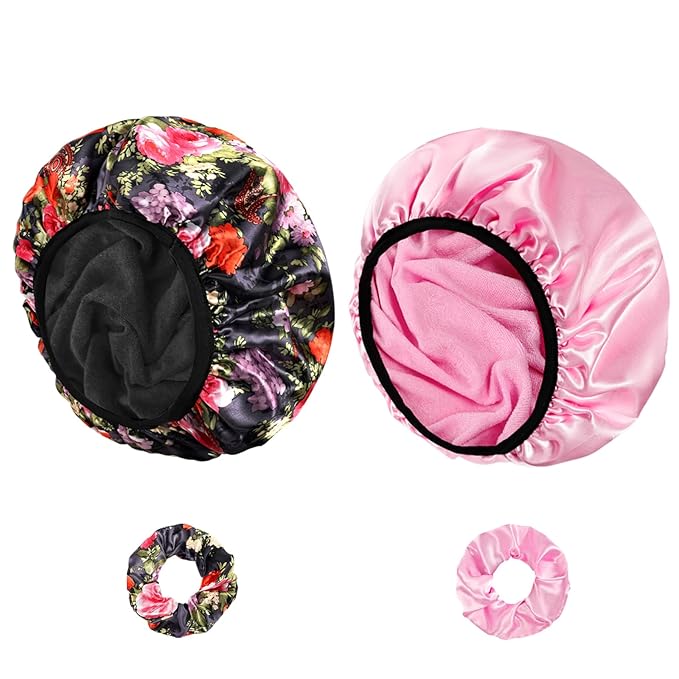 Shower Cap for Women, 2 PCS 3 Layers Terry Lined Shower Caps + 2 Satin Scrunchies, Waterproof Terry Cloth Bath Caps Elastic and Reusable Hair Cap for Shower - (Pink+Flower A)