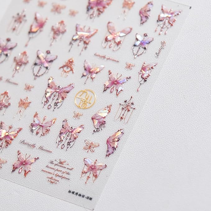 Butterfly Nail Art Stickers Decals 5D Butterfly Nail Stickers Pink Seashell 5D Embossed Shinny Butterflies Nails Design Decals Butterflies Stickers for Women DIY Manicure Nails Art Decorations