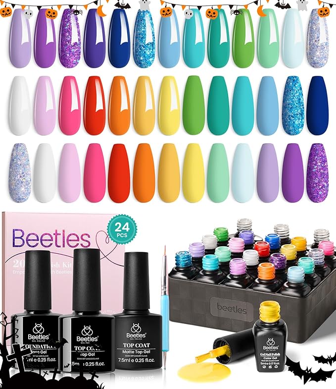Beetles Christmas Gel Nail Polish Set, 24 Pcs Purple Blue Hot Red Gel Nail Polish Green Glitter Gel Polish Unicorn Collection Soak off UV with Glossy & Matte Top Base Gift for Women