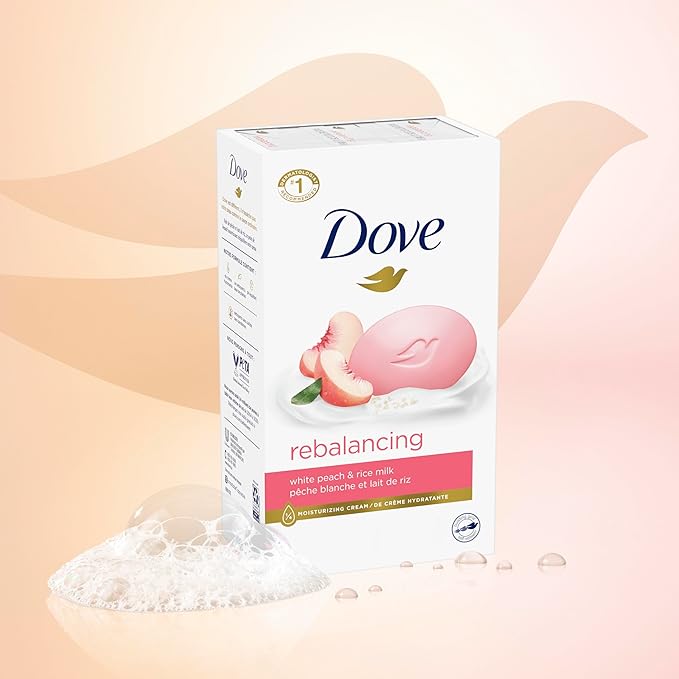Dove Beauty Bar Soap Rebalancing White Peach & Rice Milk 6 Count for a Nourished and Moisturized Skin, with ¼ Moisturizing Cream Plant-Based Formula, 3.75 oz