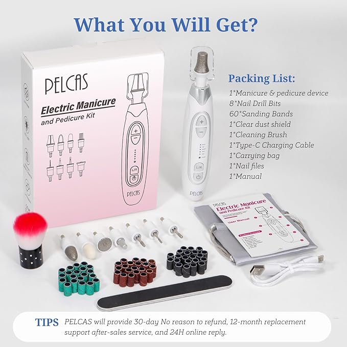 PELCAS Electric Nail File, 5 Speeds Manicure and Pedicure Kit, Cordless Nail Drill, Toenail Grinder for Thick Toenails with LED Light, Dremel Tool Kit for Human, Pet, Toenails, Natural & Acrylic Nails