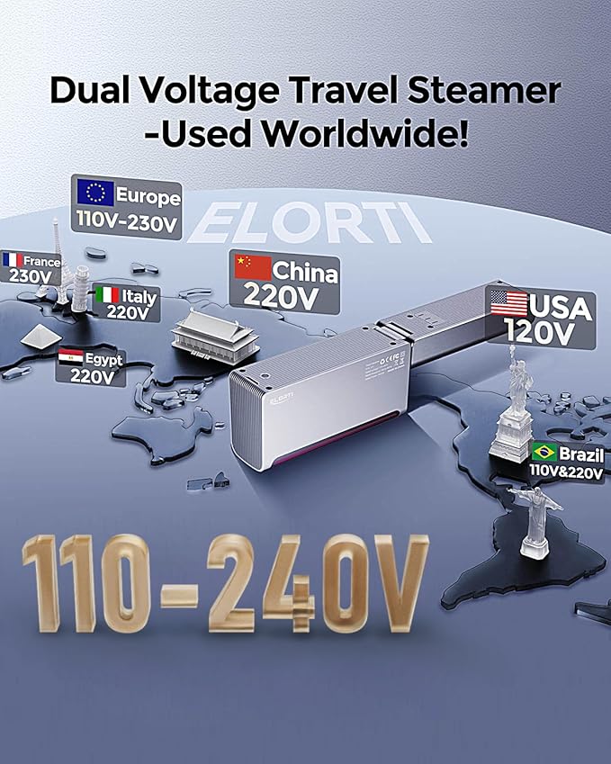 Travel Steamer Dual Voltage (110-220V), 2-in-1 Portable Steamer & Iron, 1200W, 15s Fast Heat-Up, Foldable Travel Size with Pluggable Cable, 110ml Tank for Home, Europe & Global Use