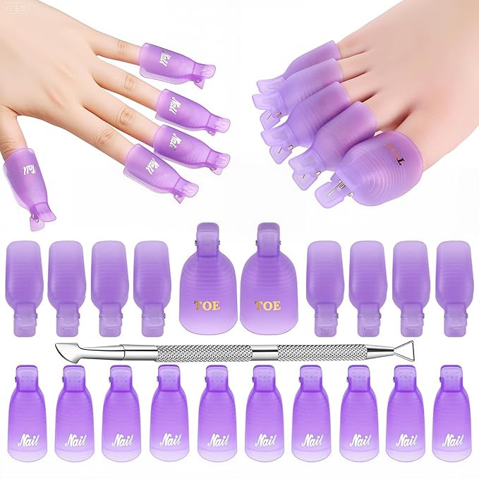 Makartt Nail Polish Remover Clips Kit, 20PCS Reusable Nail Soak Off Clips for Fingers and Toes, Professional Nail Gel Remover Tools with Double-Ended Cuticle Pusher for Removal Acrylic Art Nail Polish