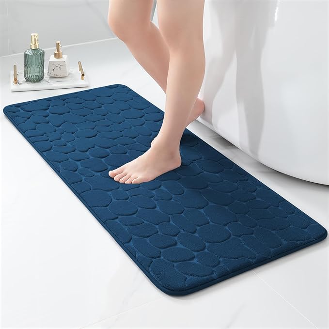YIHOUSE Memory Foam Runner Rug, Cobblestone Bathroom Runner Rugs Super Water Absorbent Bath Mats for Bathroom Machine Washable Bath Rugs for Hallway Bedroom Laundry Room(20 x 47,Dark Blue)