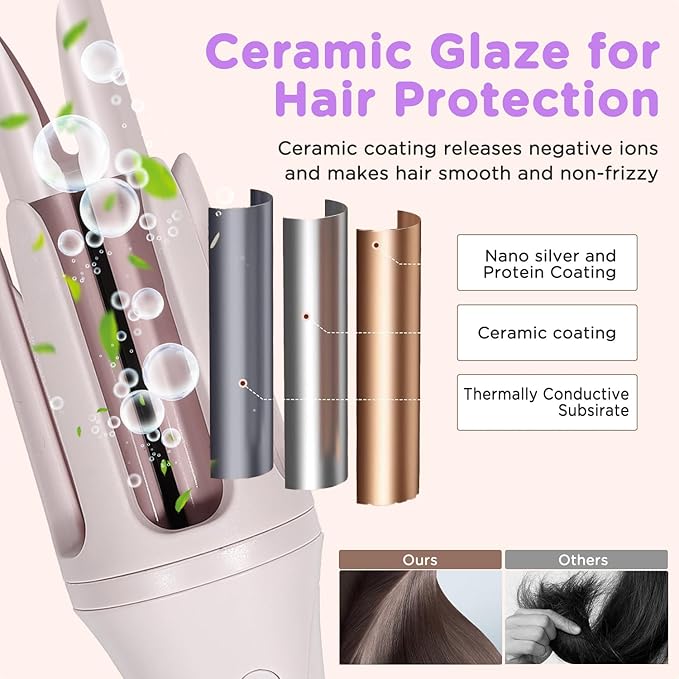 Automatic Curling Iron, 1.5 Inch Hair Curler with 4 Temp. Options, 10S Fast Heating, 2-Way Rotation, 30 Min Auto Shut-Off, Anti-Scald-Tangle for Long Hair, Dual Voltage for Travel (Khaki)