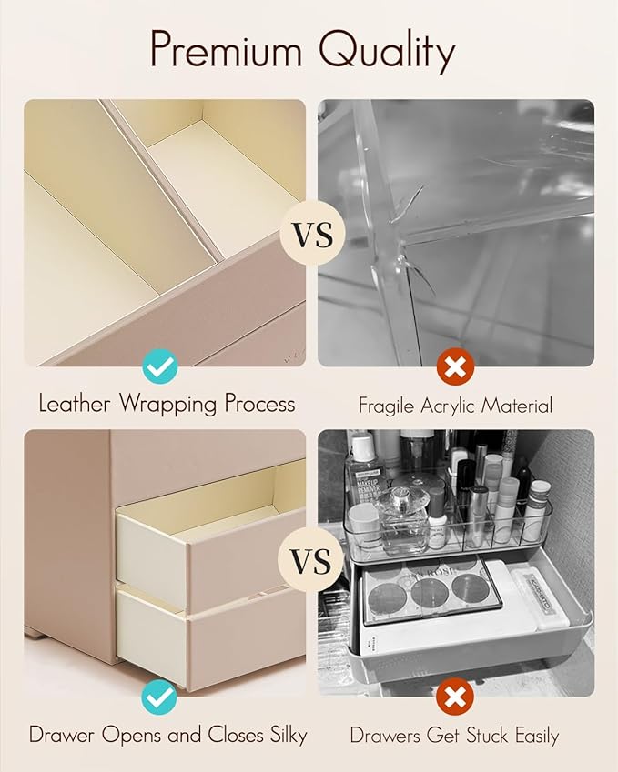 Vlando Makeup Organizer for Vanity,Large Capacity Countertop Organizer with Drawers, PU Leather Cosmetic Display Case for Lipstick,Brushes,Skincare,Bedroom Storage (Toffee)