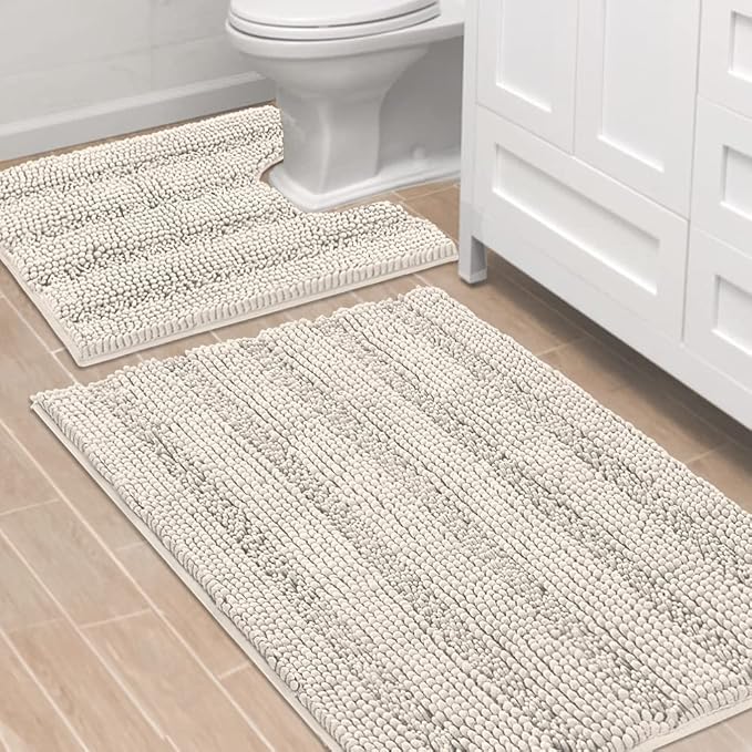 H.VERSAILTEX Bathroom Rugs Bath Rug Set 2 Piece Bathroom Contour Rug Toilet Mat Sets Non Slip Contour Bath Rug Ultra Thick Water Absorbent Striped Bath Mats Washable(36" x 24" Plus 20" x 24" U, Ivory)