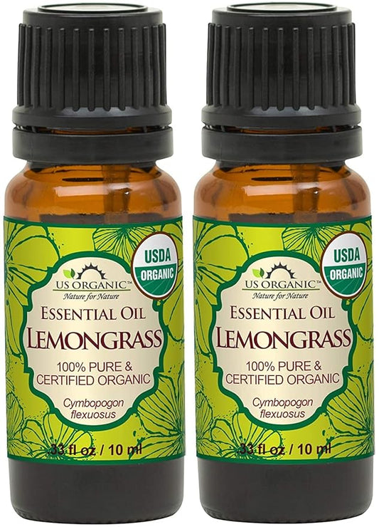 US Organic 100% Pure Lemongrass Essential Oil, USDA Certified Organic, Undiluted, Therapeutic Grade, Steam Distilled, for Aromatherapy, Freshening, and DIY Personal Care (10ml, Pack of 2)