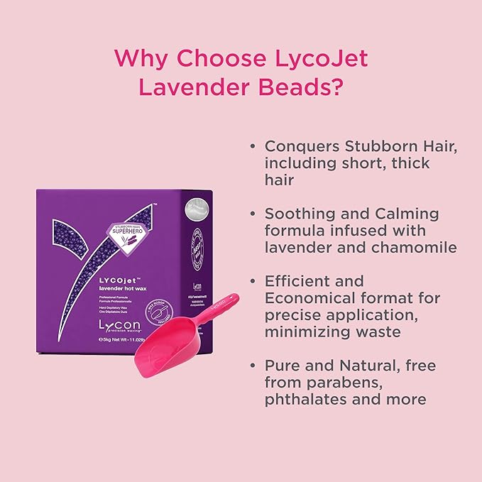Lycon LycoJet Lavender Hard Wax Beads for Hair Removal, Effortlessly Removes Stubborn Hair with Professional-Grade Soothing Formula, Suitable for Sensitive Skin, 5kg