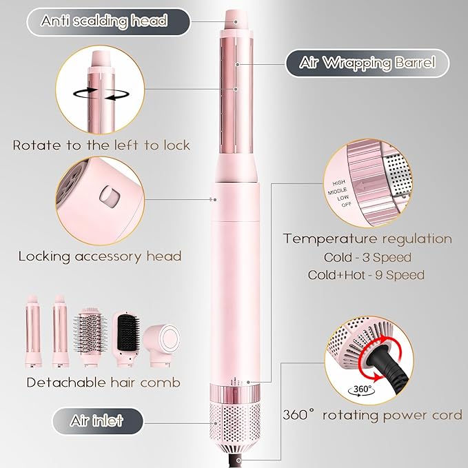 5 in 1 Air Wrap Hair Styler,Dual Voltage Professional Frizz Free Hair Dryer Brush - High-Speed Hot Air Styler, No Heat Damage Auto Wrap Hot Air Styler Wrap, Fast Drying, Curling, Straightening (Pink)