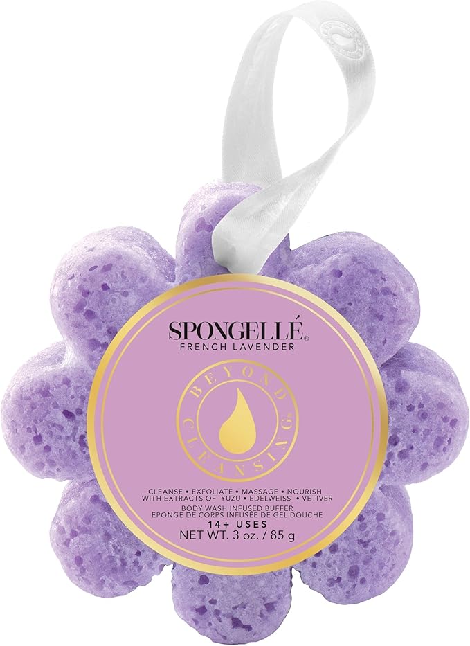 Spongelle French Lavender Wild Flower Buffer Body Scrubber | Bath & Shower Loofah for Women | Exfoliator with Body Wash Infused Sponge | 14+ uses