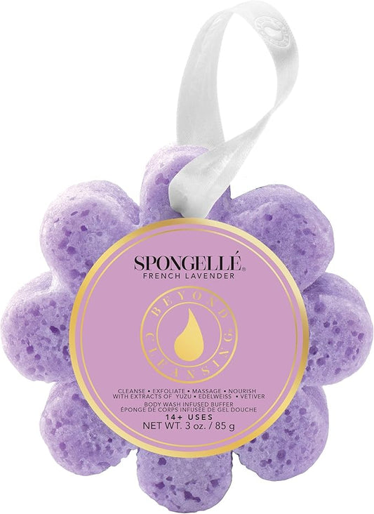 Spongelle French Lavender Wild Flower Buffer Body Scrubber | Bath & Shower Loofah for Women | Exfoliator with Body Wash Infused Sponge | 14+ uses