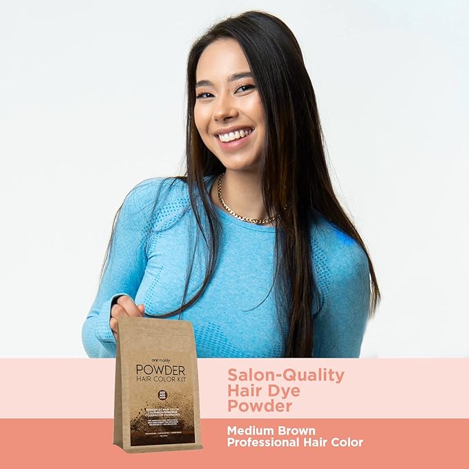 One N' Only Powder Hair Color Kit, Medium Brown, Permanent Color in Single Application, 100% Gray Hair Coverage without Lift, Just Add Water - No Developer Needed, Vegan and Cruelty Free