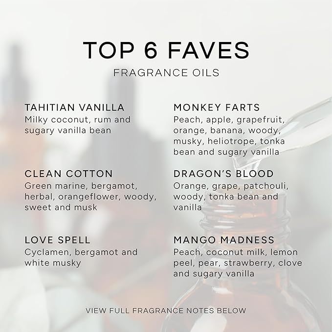 Top 6 Faves - Gift Set of 6 Premium Fragrance Oils - Love Spell, Tahitian Vanilla, Clean Cotton, Mango, Dragon's Blood and Monkey Farts - 10ML