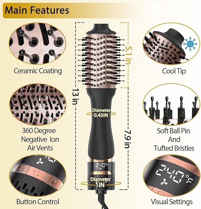 Nicebay Hair Dryer Brush, Blow Dryer Brush for Women Fast Styling, One Step Blowout Brush with Display Screen-Less Frizz, More Shine, Oval Ceramic Barrel, Negative Ion
