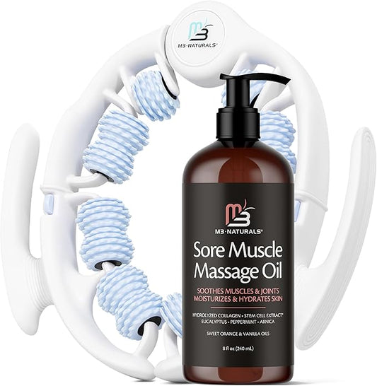 Arnica Sore Muscle Massage Oil and Massager Kit | Relaxing Post-Workout Recovery Duo for Sore Arms, Joints, Legs Cramps, and Lymphatic Drainage, Fast-Acting Formula, 8 fl oz by M3 Naturals