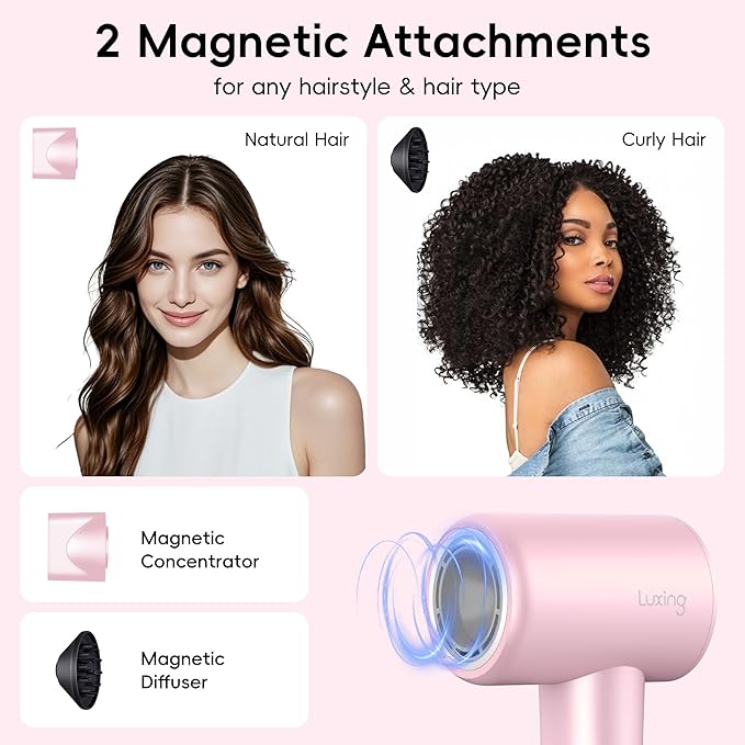 Hair Dryer, TurboLux Ionic 200 Million Negative Ions 1500W Fast Drying High Speed Hairdryer with Diffuser, Lightweight, Low Noise Hair Dryers for Women with 110000 RPM Brushless Motor (Pink)