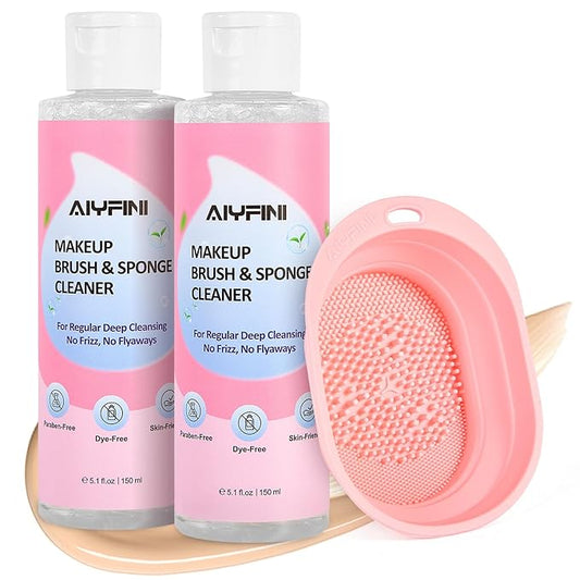 Alyfini Makeup Brush Cleaner Solution + Scrub Basin Combo, Removes Tough Stain on Make Up Brushes Set/Sponge/Puffs, Deep Clean Inner Bristles from Waterproof Foundation/Concealer, 10.2 Fl Oz/300 ml