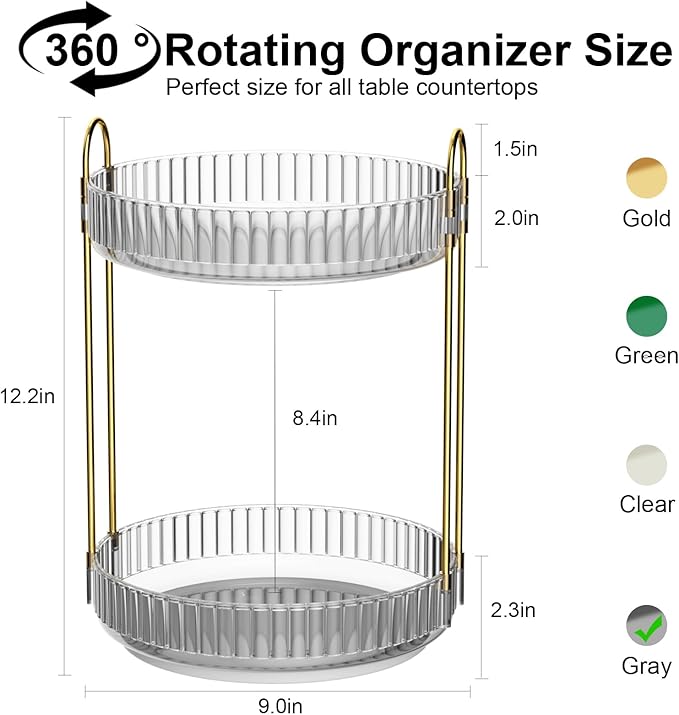 GTI 360°Rotating Makeup Organizer, 2 Tier Bathroom Counter Organizer,Large Capacity Perfume Cosmetics Skincare Vanity Organizers, Dresser Spinning Countertop Organizer and Storage for Women (Grey)