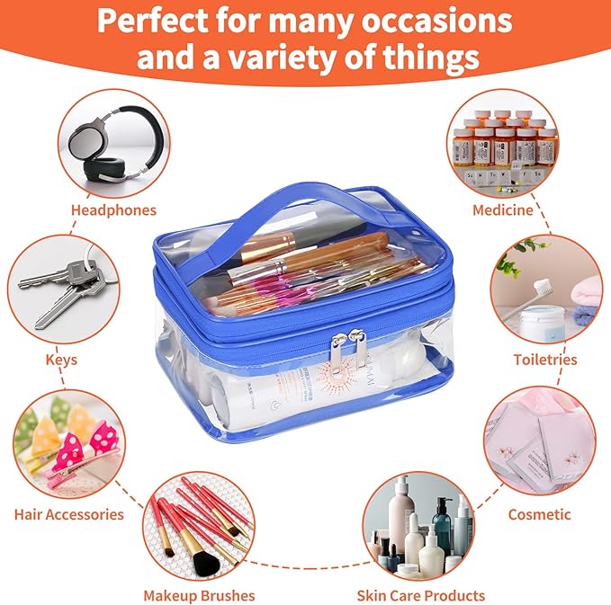 HAOGUAGUA Double Layer Clear Cosmetic Bag Makeup Bag, Waterproof Travel Toiletry Bag, Transparent PVC Pouch Organizer (Blue)