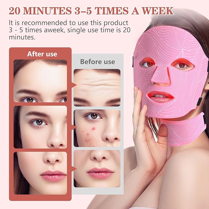 Led Face Mask Light Therapy,Red Light Therapy for Face and Neck,7 Colors LED Facial Skin Care Mask,5 Level Brightness Adjustment,309 LED Beads Can Be Used at Home,Pink