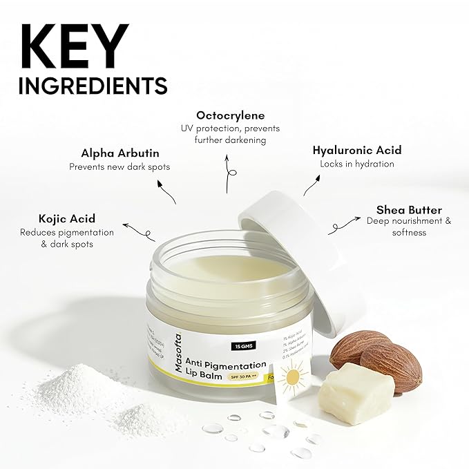 Shea Butter Lip Balm with Kojic Acid, Alpha Arbutin & Shea Butter for Smooth, Crack Free & Clear Lips, SPF 30 PA++, For Men & Women, 0.52 oz/15GMS