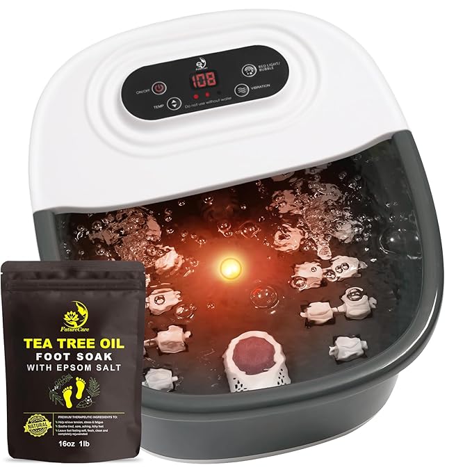Foot Spa Bath Massager with Heat Bubbles and Vibration Massage and Jets, 16 OZ Tea Tree Oil Foot Soak Epsom Salt, Foot Soaker with Red Light, 22 Massage Rollers, Adjustable Temp -Black