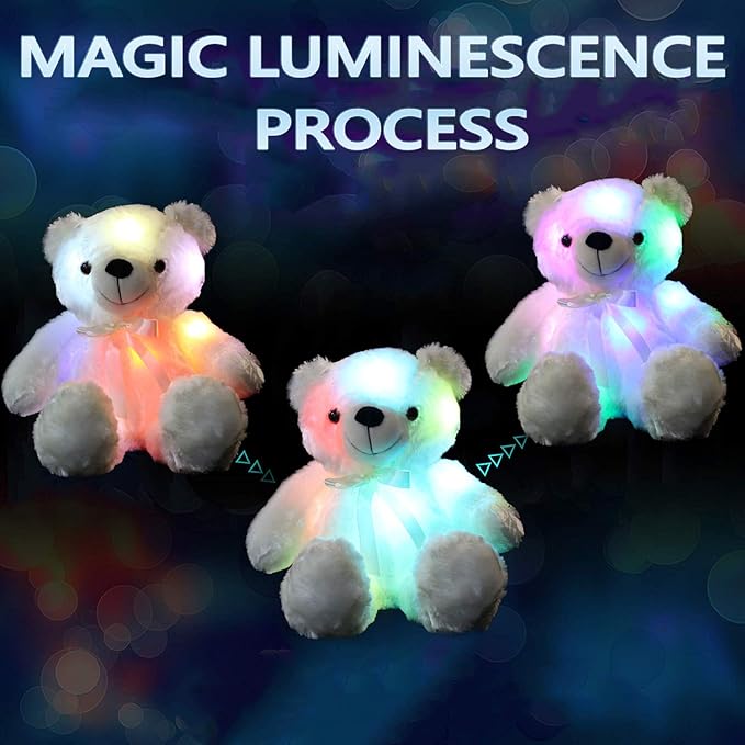 LED Teddy Bears Stuffed Animals, Cute White Glow Bear Plush Toys Creative Colorful Luminous Light Up Doll Gifts for Bedroom, Kids, Baby, Valentine,18 inch