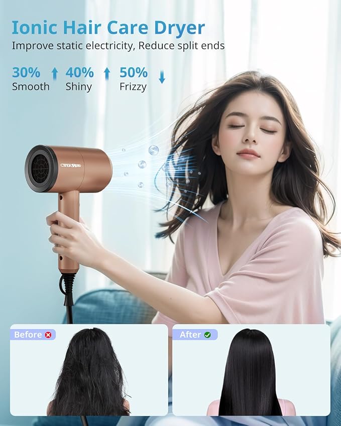 SHRATE Lightweight Ionic Hair Dryer with Diffuser - Powerful 1800W Blow Dryer for Fast Drying - Professional Low Noise Mini Hair Dryer for Travel, Gifts, Hair Styling
