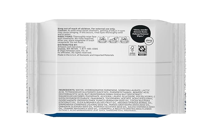 Amazon Basics Makeup Remover Wipes, Gentle Cleansing, Dermatologist Tested, Original, Plant Based, Alcohol-Free, Removes Waterproof Mascara, 25 Count Per Pack, Pack of 6