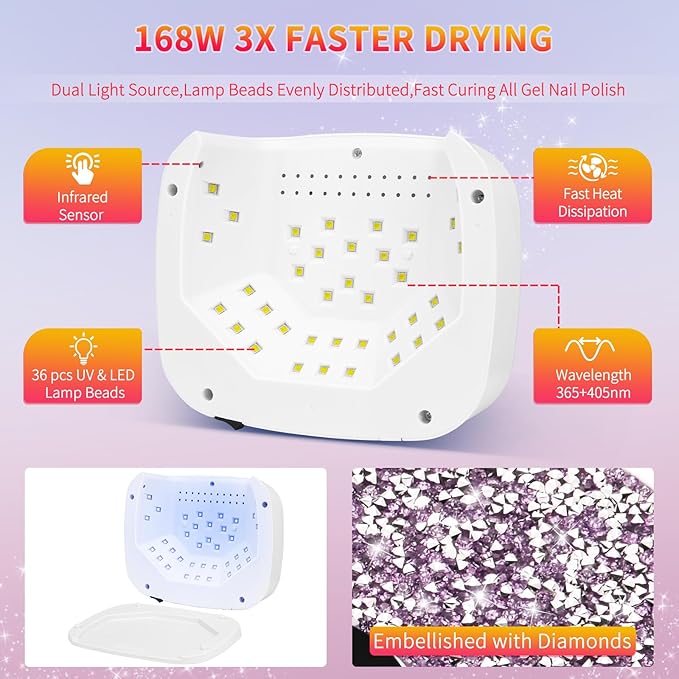 UV LED Nail Lamp Dryers Cordless 168W Diamond UV Light for Gel Nails Polish,Fast Curing Colored Poly Builder Gel Lamp with Sensor 4 Timer Touch Screen 36 LED,Professional Manicure Pedicure Art Tools