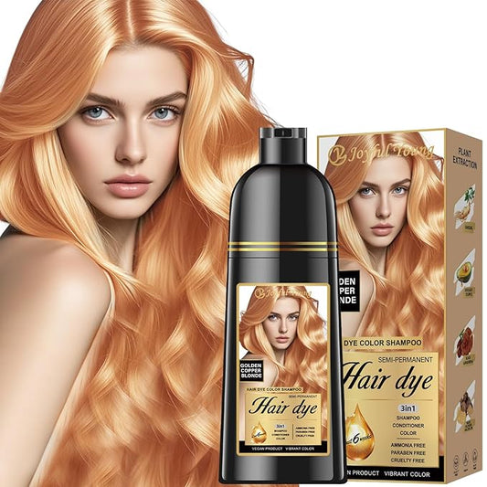Natural Color Hair Dye Shampoo 3 IN 1, Instant Hair Coloring, Gray Coverage for Men & Women, Beard Dye Vegan Ammonia Free, Champú Para Canas Mujer & Hombre (GOLDEN COPPER BLONDE)
