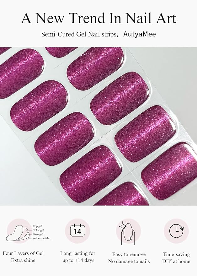 Semi Cured Gel Nail Strips (Purple-Red Cat Eye), 20 Pcs Gel Nail Wraps, Stickers, Salon Quality, Works With Any Lamps