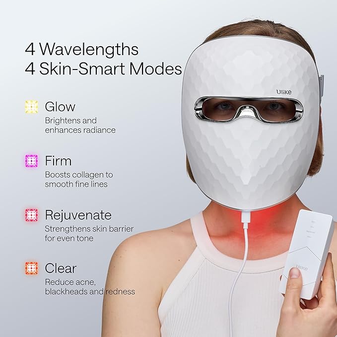 Ulike ReGlow LED Light Therapy Mask, Red Light Therapy for Face, 4 Modes with Red, Blue, Yellow & Infrared Lights for Reduce Acne & Anti-Aging, Eye-Protection, 272 Beads, Remote Control,White