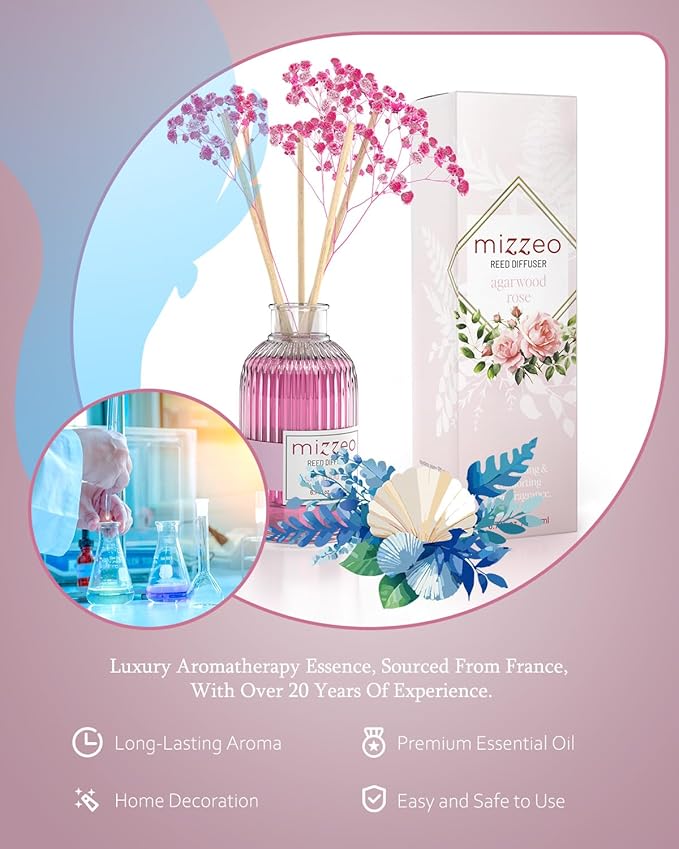 MIZZEO Reed Diffuser Set, Agarwood Rose 6.76 fl oz Highly Scented Room Diffuser Home Fragrance Essential Oil Reed Flower Diffuser, House Bedroom Office Decor & Gifts