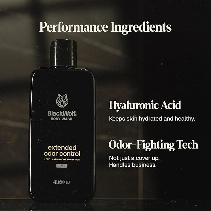 Black Wolf Deodorizing Body Wash for Men - Mens Long-Lasting Shower Gel Fights Body Odor - Hydrating & Moisturizing Body Cleanser Soap Removes Grime, Sweat & Buildup - Clean & Crisp Agave Scent