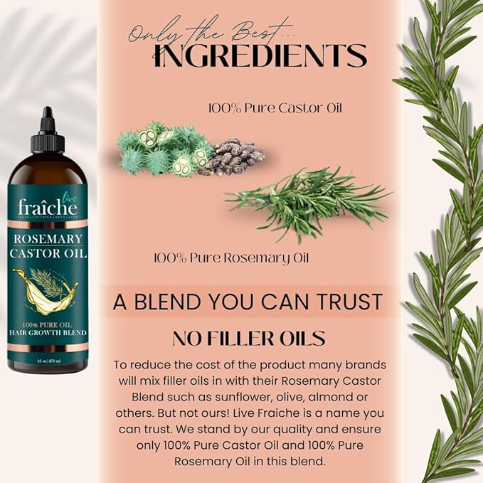 Live Fraiche Rosemary Castor Oil for Hair Growth 16oz - Rosemary Oil for Hair Growth and Thickening Pure Blend to Reduce Loss and Promote a Healthy Scalp