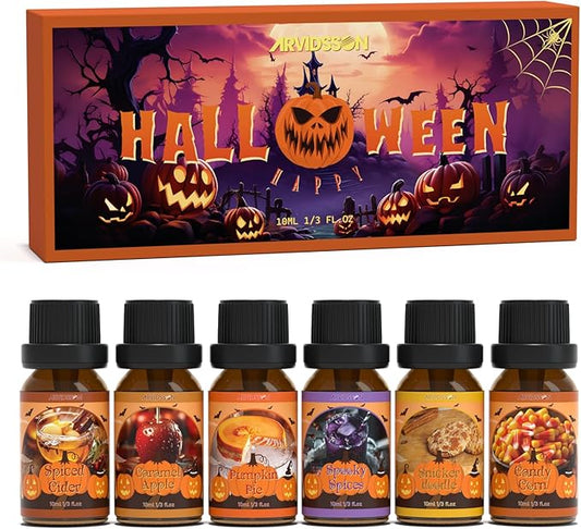 ARVIDSSON Halloween Fragrance Oils Set, Fall Essential Oils for Diffuser - Pumpkin Pie, Spiced Cider, Caramel Apple, Candy Corn, Snickerdoodle, Spooky Spices, Autumn Scented Oil Gift for Women