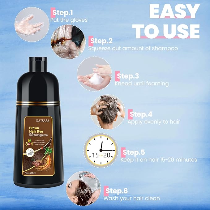 IIIMEIDU Brown Hair Dye Shampoo for Gray Hair, 3 in 1 Herbal Ingredients Natural Shampoo Hair Dye for Women Men, Grey Coverage 500ml