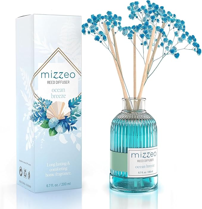 MIZZEO Reed Diffuser Set, Ocean Beach 6.76 fl oz Highly Scented Room Diffuser Home Fragrance Essential Oil Reed Flower Diffuser, House Bedroom Office Decor & Gifts