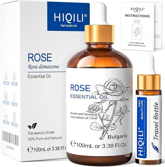 HIQILI 100ML Rose Essential Oil for Skin, Diffuser & Candle, 100% Pure and Natural - 3.38 Fl Oz