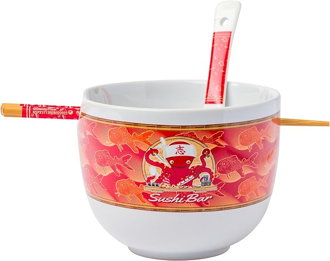 Silver Buffalo Disney Pixar Monsters Inc Harryhausen's Octopus Chef Sushi Bar Ceramic Ramen Noodle Rice Bowl with Chopsticks and Spoon, Microwave Safe, 20 Ounces