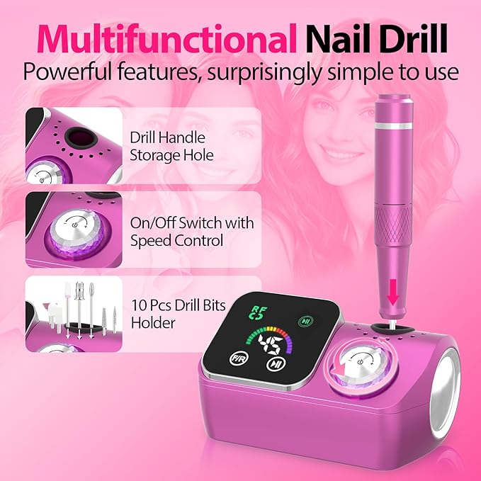 Professional Electric Nail Drill E-File Machine - 45,000 RPM Corded Nail Drills Kit with Low Noise & LED Display for Shaping, Removing & Polishing Acrylic Gel Nails for Salon Home