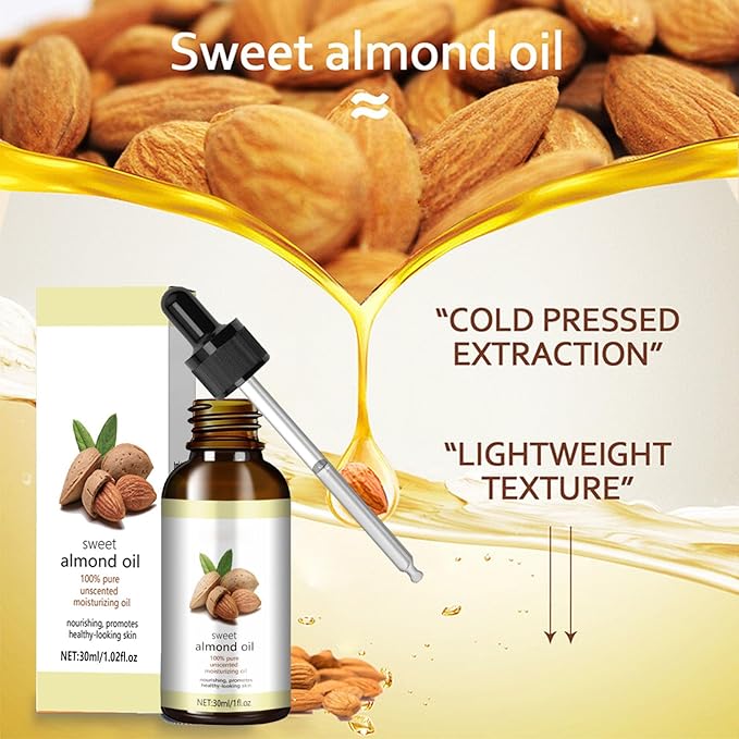 Sweet Almond Oil, Organic Sweet Almond Oil for Face, Skin, Body, Hair, Massage, Nails, Moisturizing and Softening Skin, Anti-Aging, Reduce Fine Lines, 100% Cold Pressed Sweet Almond Oil