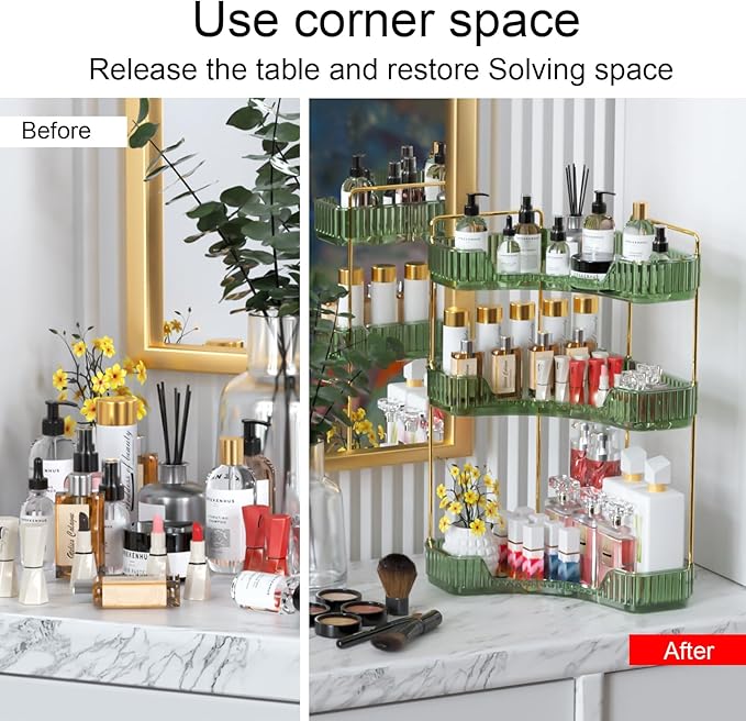 GTI 3-Tier Corner Bathroom Counter Organizer, Large Capacity Makeup Organizer Countertop, Perfume Cosmetics Skincare Vanity Organizers, Exquisite Countertop Storage for Women (Green)