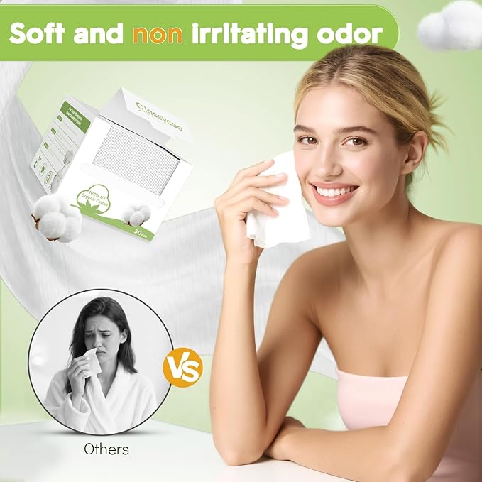 Classycoo 2 Pack Disposable Face Towel XL, 100% Cotton, Soft for Sensitive-Skin Facial Towelette Wipes Clean Towels, Odor-Free, Makeup Remover Cloths for Hand Dry Wipe