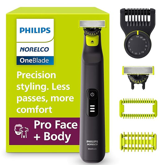 Norelco Philips OneBlade Pro 360 Face + Body, Electric Shaver, Beard Trimmer and Body Groomer, with 360 Blade Technology, 14-Length Precision Comb, Body Kit, Soft Pouch, Model QP6542/70