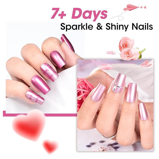 GELLEN Rose Pink Metallic Nail Polish with 3-in-1 Base Coat Top Coat Strengthener Polish, Chrome Mirror Dark/Light Pink Regular Nail Polish, Quick Dry Fingernail Laquer Set, Non Gel