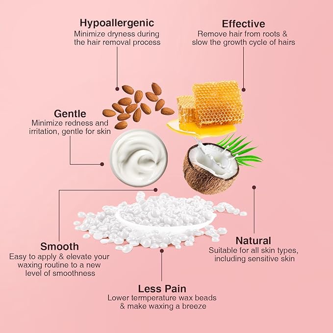 Hard Wax Beads for Hair Removal, Yovanpur Waxing Beane for Brazilian Waxing, Wax Beans for Sensitive Skin, Face Eyebrow Legs At Home Pearl Beads, 300g /bag with 10pcs Sticks(Pearl)